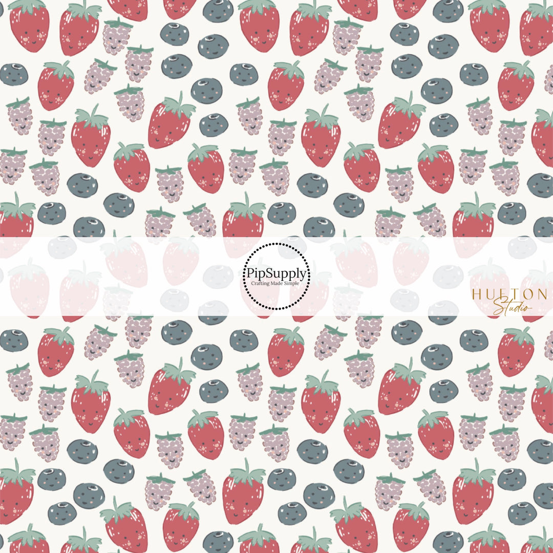 These spring fabric by the yard features spring berries with smiley faces. This fun pattern fabric can be used for all your sewing and crafting needs!