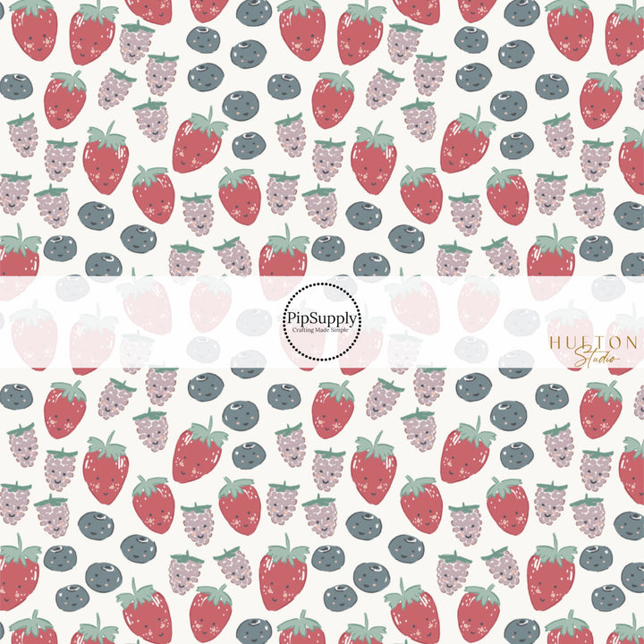 These spring fabric by the yard features spring berries with smiley faces. This fun pattern fabric can be used for all your sewing and crafting needs!