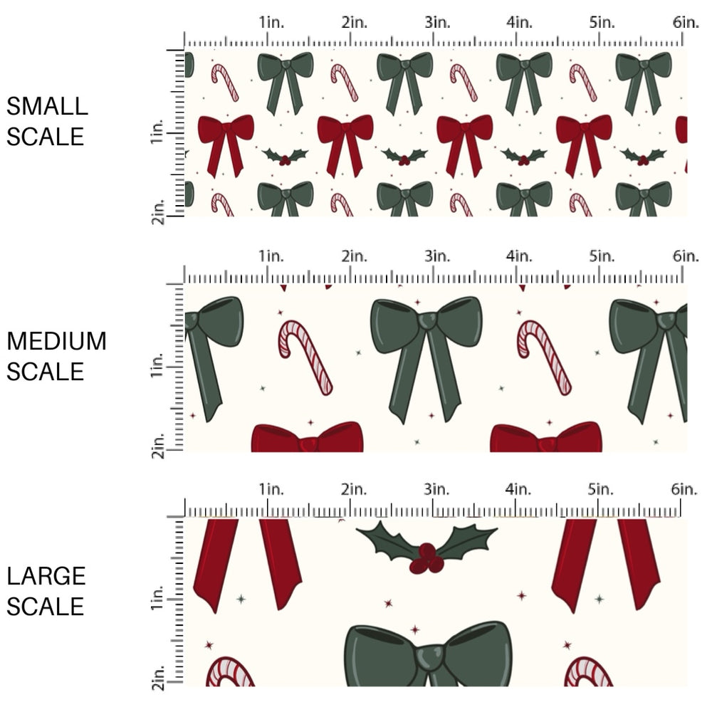 These winter bow themed pattern fabric by the yard features the following design elements: red and green bows on cream. This fun themed fabric can be used for all your sewing and crafting needs!