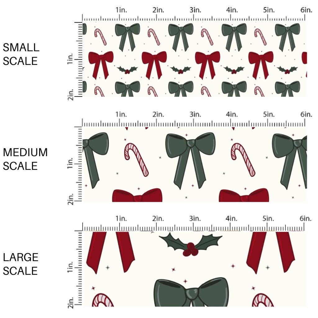 These winter bow themed pattern fabric by the yard features the following design elements: red and green bows on cream. This fun themed fabric can be used for all your sewing and crafting needs!