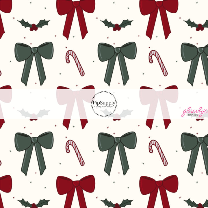 These winter bow themed pattern fabric by the yard features the following design elements: red and green bows on cream. This fun themed fabric can be used for all your sewing and crafting needs!