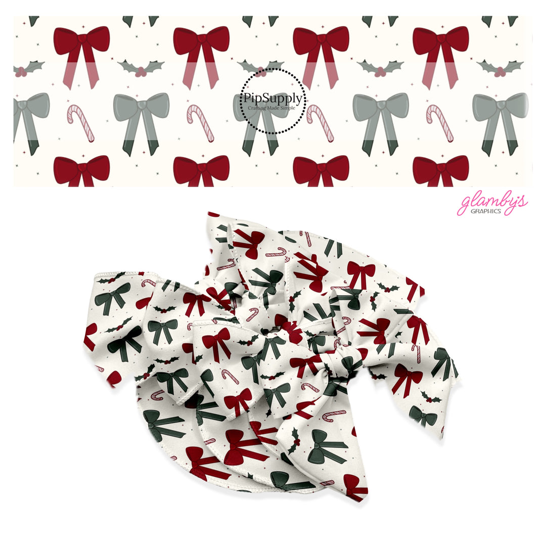 These winter bow themed no sew bow strips can be easily tied and attached to a clip for a finished hair bow. These fun patterned bow strips are great for personal use or to sell. These bow strips feature the following design elements: red and green bows on cream.