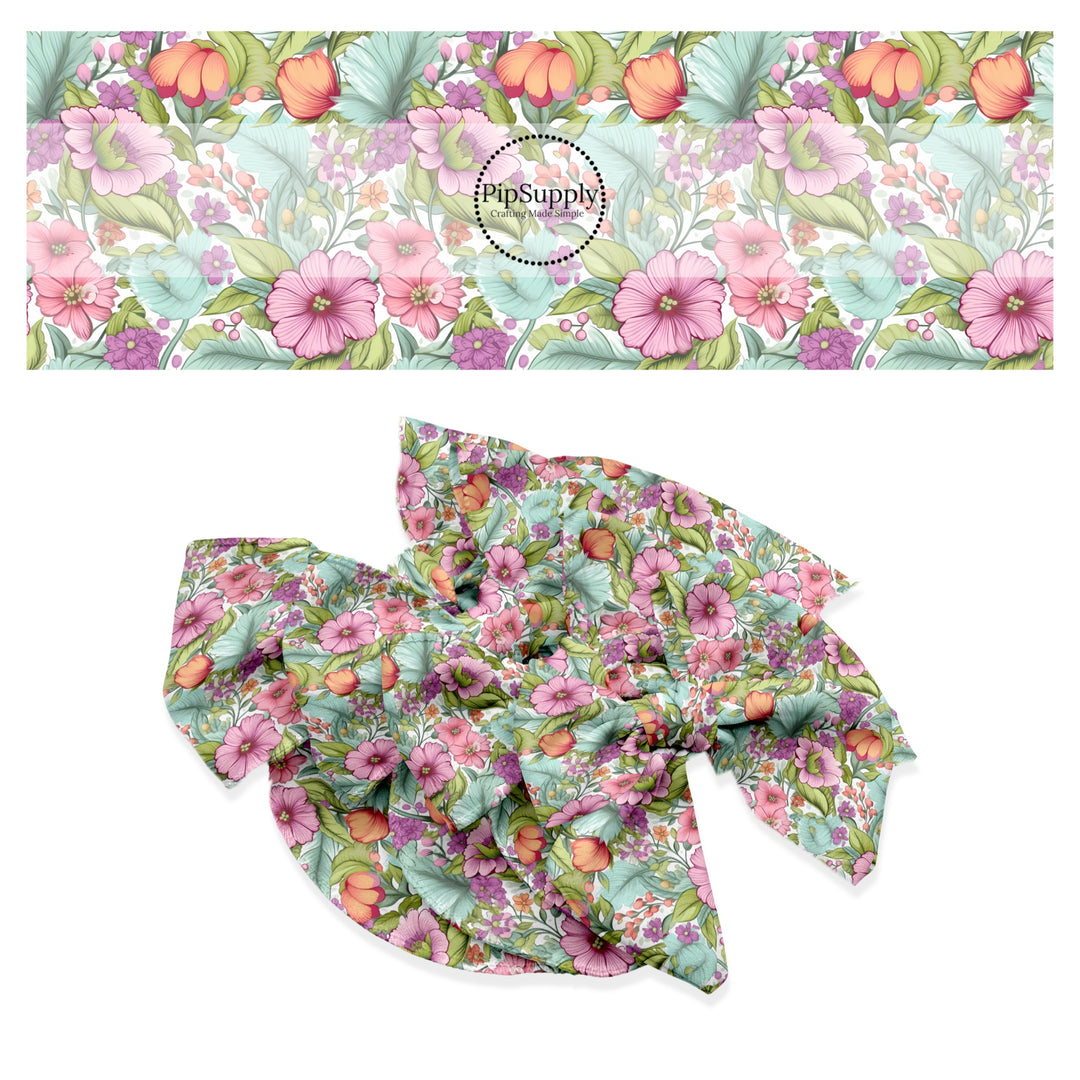 These floral themed no sew bow strips can be easily tied and attached to a clip for a finished hair bow. These festive bow strips are great for personal use or to sell. These bow strips feature the following design elements: colorful flower garden.