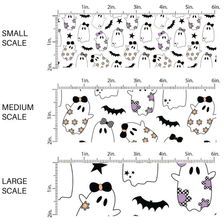 This scale chart of these Halloween themed pattern fabric by the yard features the following design elements: ghost and black bats. This fun spooky themed fabric can be used for all your sewing and crafting needs!