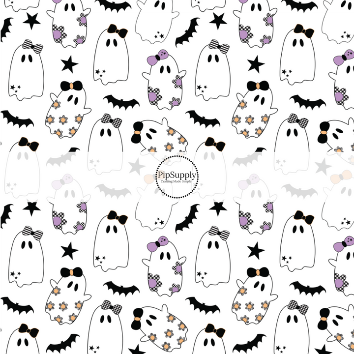 These Halloween themed pattern fabric by the yard features the following design elements: ghost and black bats. This fun spooky themed fabric can be used for all your sewing and crafting needs!