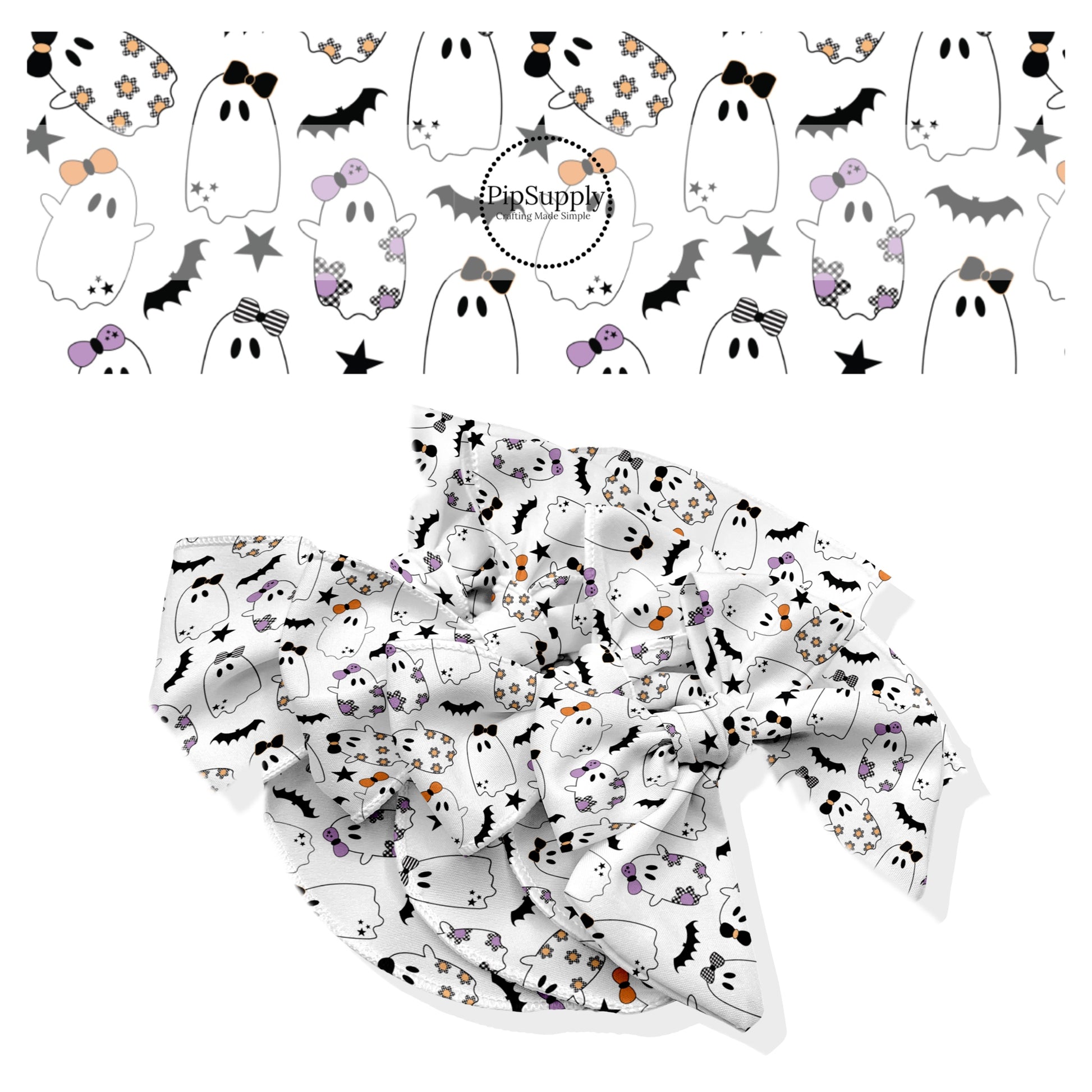 These Halloween themed no sew bow strips can be easily tied and attached to a clip for a finished hair bow. These fun spooky patterned bow strips are great for personal use or to sell. These bow strips feature the following design elements: ghost and black bats.