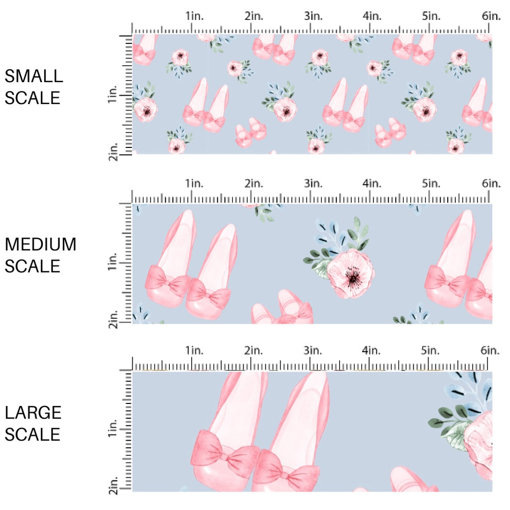 This scale chart of small scale, medium scale, and large scale of this summer fabric by the yard features pink roses and ballet shoes on blue. This fun summer themed fabric can be used for all your sewing and crafting needs!