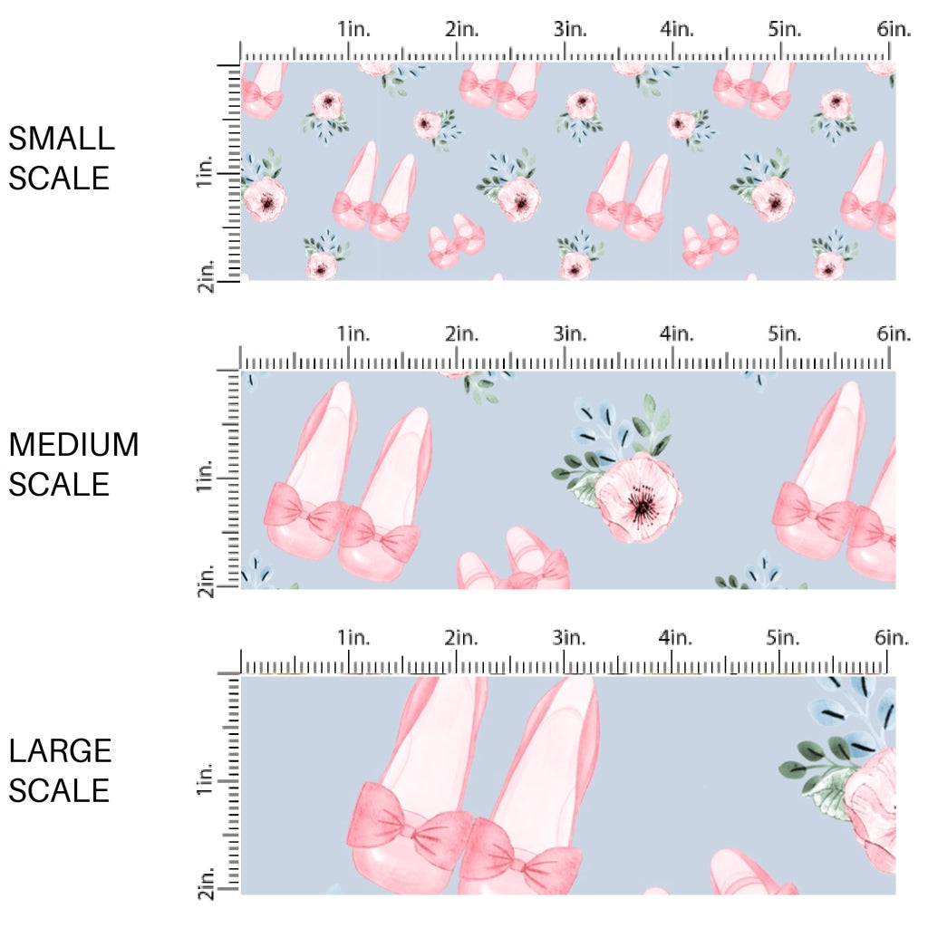 This scale chart of small scale, medium scale, and large scale of this summer fabric by the yard features pink roses and ballet shoes on blue. This fun summer themed fabric can be used for all your sewing and crafting needs!