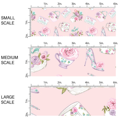 This scale chart of small scale, medium scale, and large scale of this summer fabric by the yard features multi colored roses, tea cups, and tea pots on light pink. This fun summer themed fabric can be used for all your sewing and crafting needs!