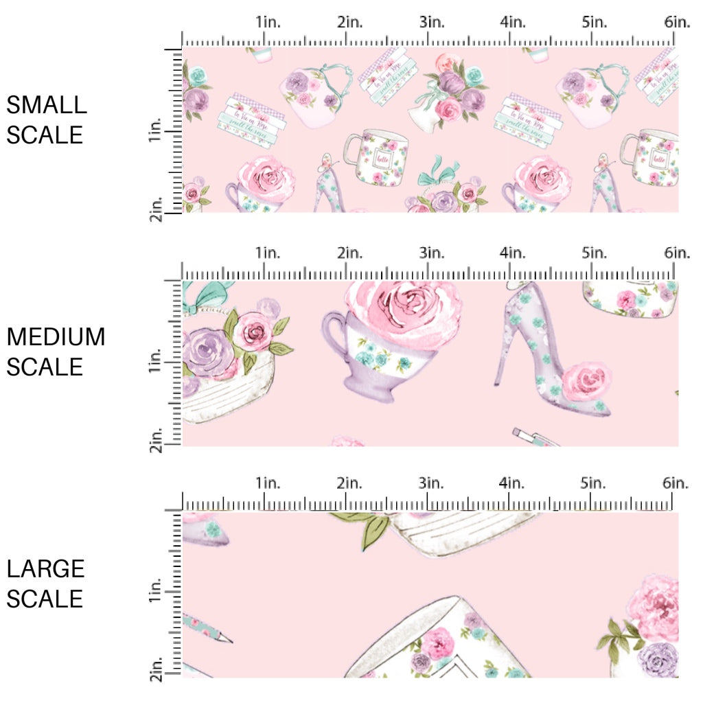 This scale chart of small scale, medium scale, and large scale of this summer fabric by the yard features multi colored roses, tea cups, and tea pots on light pink. This fun summer themed fabric can be used for all your sewing and crafting needs!