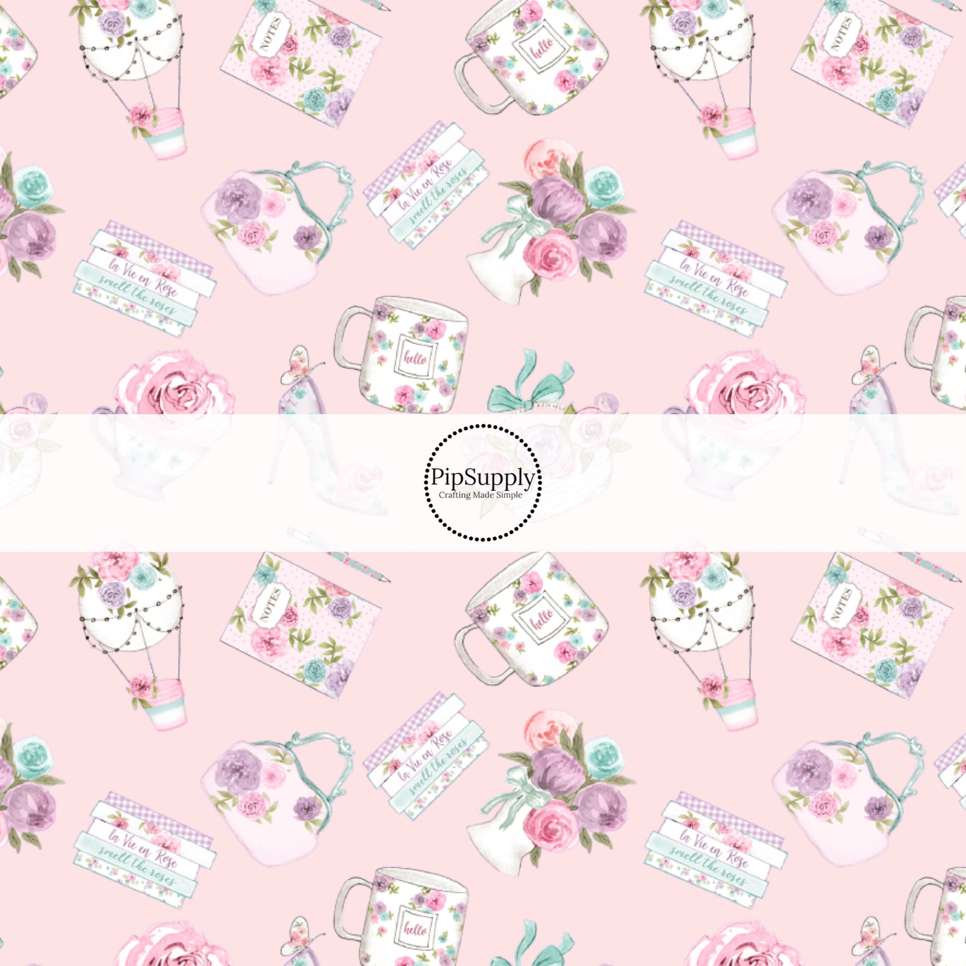 This summer fabric by the yard features multi colored roses, tea cups, and tea pots on light pink. This fun summer themed fabric can be used for all your sewing and crafting needs!