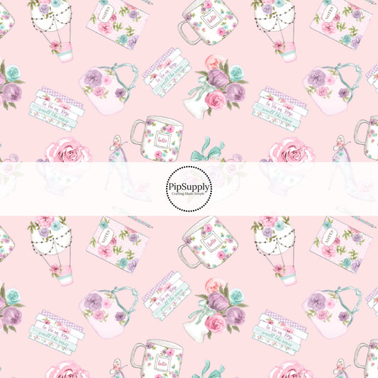 This summer fabric by the yard features multi colored roses, tea cups, and tea pots on light pink. This fun summer themed fabric can be used for all your sewing and crafting needs!
