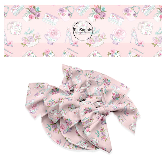 These summer floral themed no sew bow strips can be easily tied and attached to a clip for a finished hair bow. These summer patterned bow strips are great for personal use or to sell. These bow strips feature multi colored roses, tea cups, and tea pots on light pink.