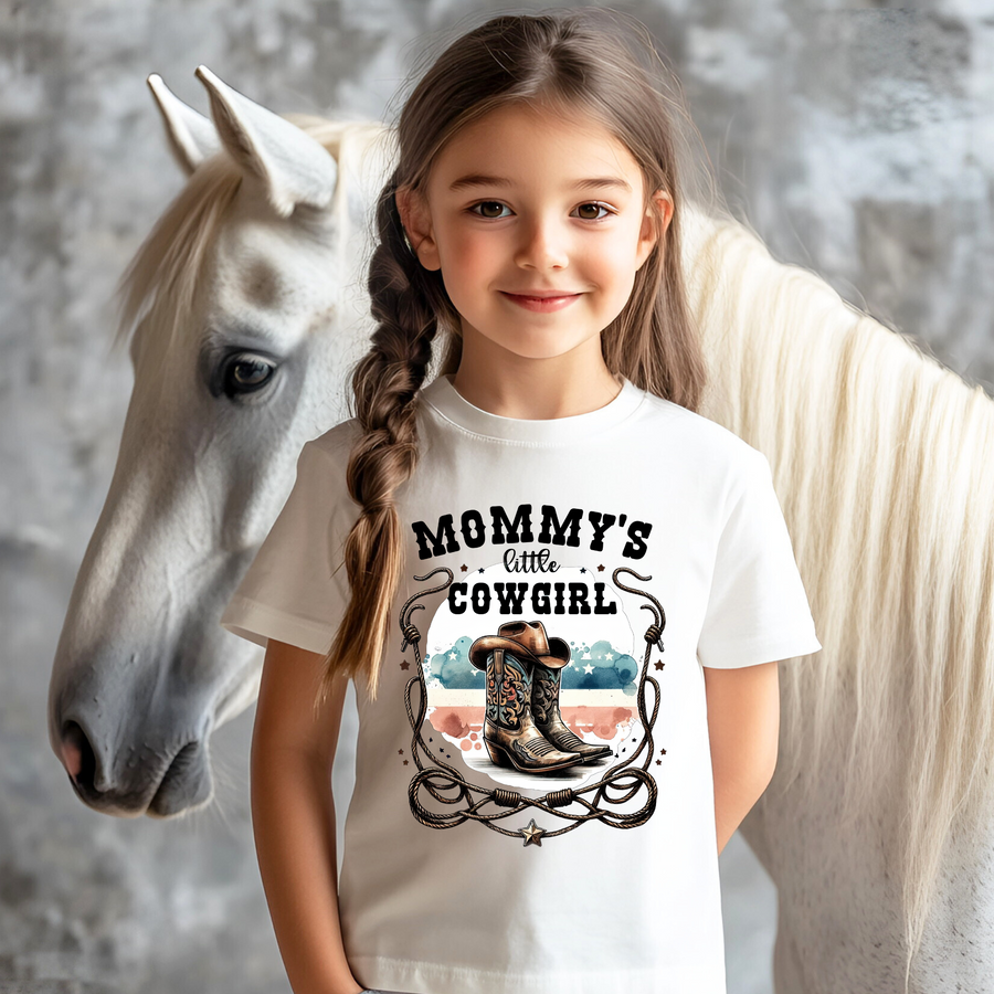 This western themed iron on transfer is a great way to add full color designs to your garments without the hassle of weeding vinyl. Add a "Mommy's Cowgirl" hat and boots printed pattern to your western creation! They are ready to press transfers and easy to use!