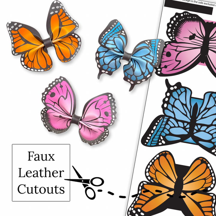 These spring butterfly themed faux leather bow cutouts are ready to cut and assemble for many craft projects. These patterned cutouts can be used to make a hair bow, headband, banner, photo props, scrapbook, party or classroom decorations, bulletin board trim or anything creative!