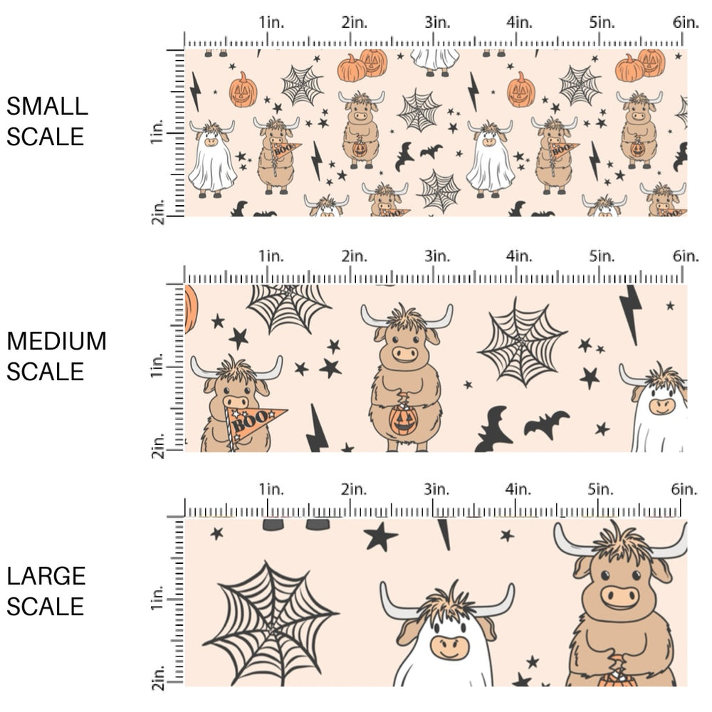 These Halloween themed pattern fabric by the yard features the following design elements: cows in costumes, pumpkins, spider webs, and bats. This fun spooky themed fabric can be used for all your sewing and crafting needs!