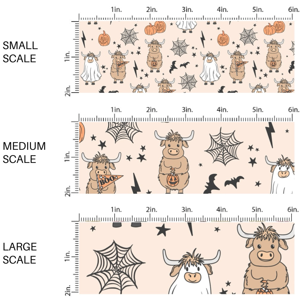 These Halloween themed pattern fabric by the yard features the following design elements: cows in costumes, pumpkins, spider webs, and bats. This fun spooky themed fabric can be used for all your sewing and crafting needs!