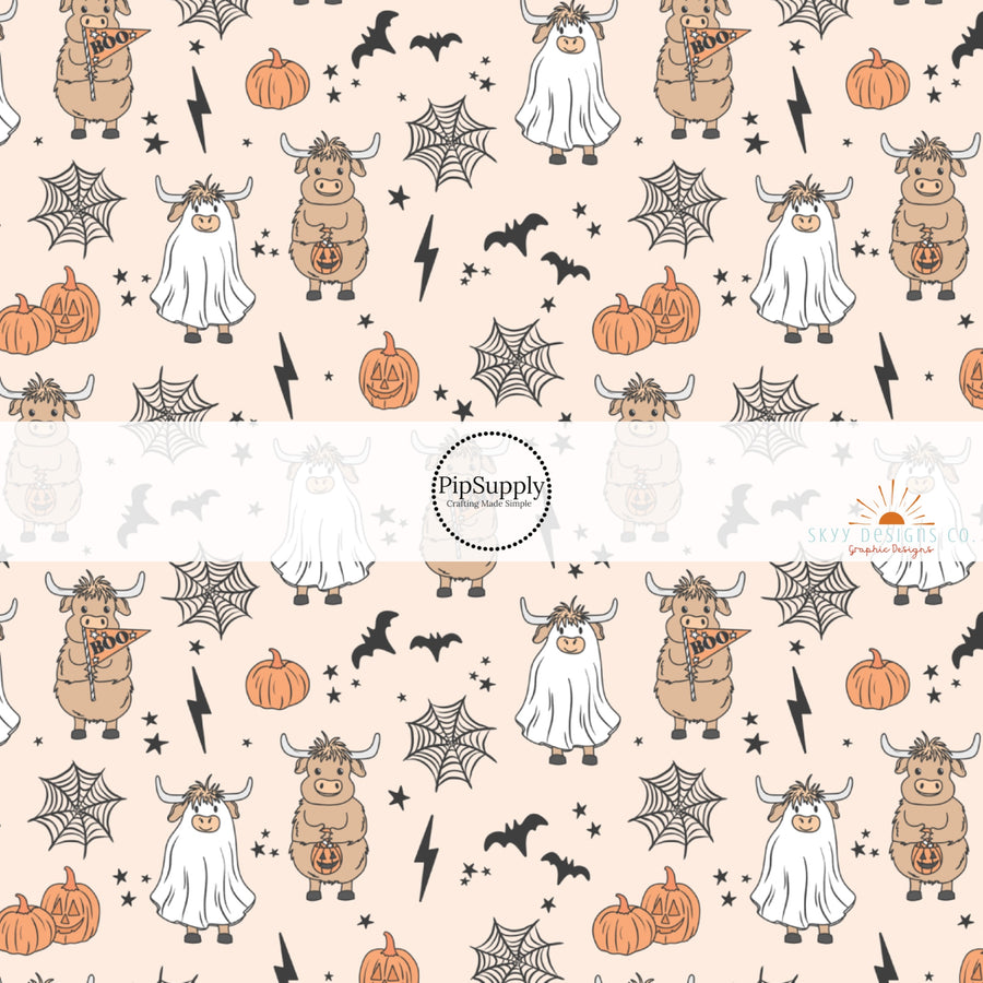 These Halloween themed pattern fabric by the yard features the following design elements: cows in costumes, pumpkins, spider webs, and bats. This fun spooky themed fabric can be used for all your sewing and crafting needs!