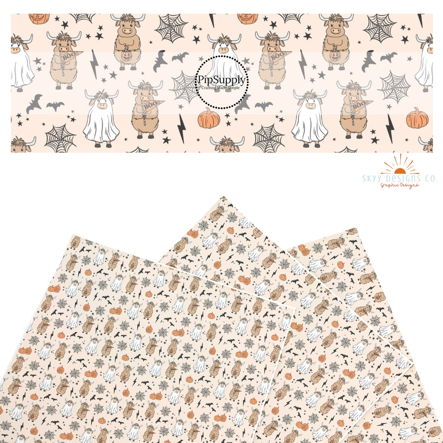 These Halloween themed pattern faux leather sheets contain the following design elements: cows in costumes, pumpkins, spider webs, and bats. Our CPSIA compliant faux leather sheets or rolls can be used for all types of crafting projects.