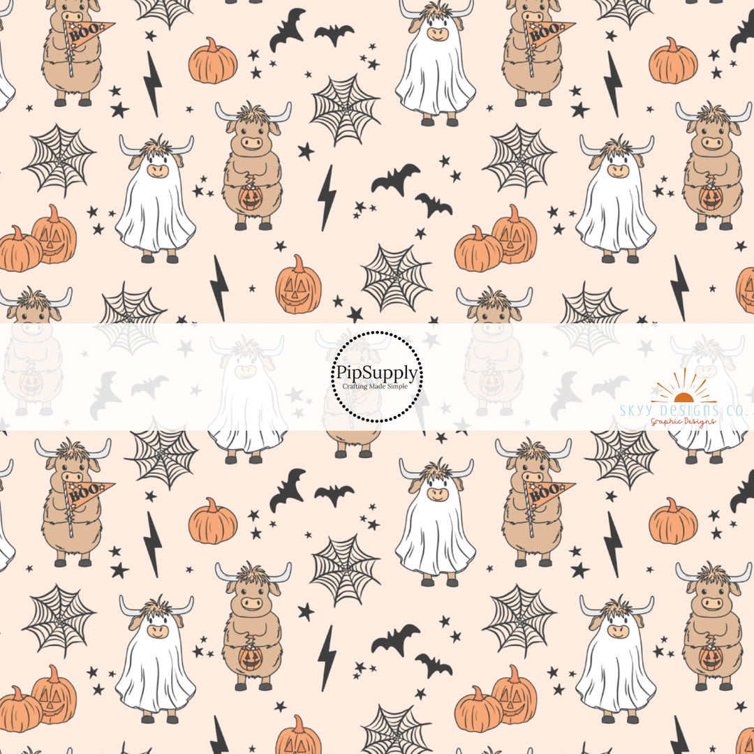 These Halloween themed no sew bow strips can be easily tied and attached to a clip for a finished hair bow. These fun spooky patterned bow strips are great for personal use or to sell. These bow strips feature the following design elements: cows in costumes, pumpkins, spider webs, and bats.