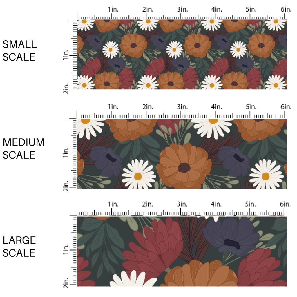 This scale chart of small scale, medium scale, and large scale of these fall themed pattern fabric by the yard features the following design elements: multi color autumn flowers. This fun themed fabric can be used for all your sewing and crafting needs!