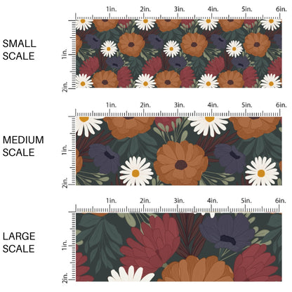 This scale chart of small scale, medium scale, and large scale of these fall themed pattern fabric by the yard features the following design elements: multi color autumn flowers. This fun themed fabric can be used for all your sewing and crafting needs!