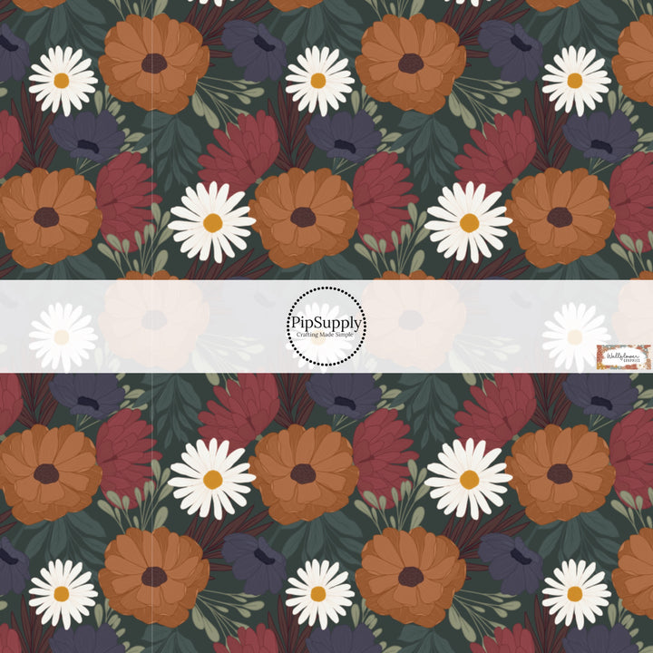 These fall themed pattern fabric by the yard features the following design elements: multi color autumn flowers. This fun themed fabric can be used for all your sewing and crafting needs!