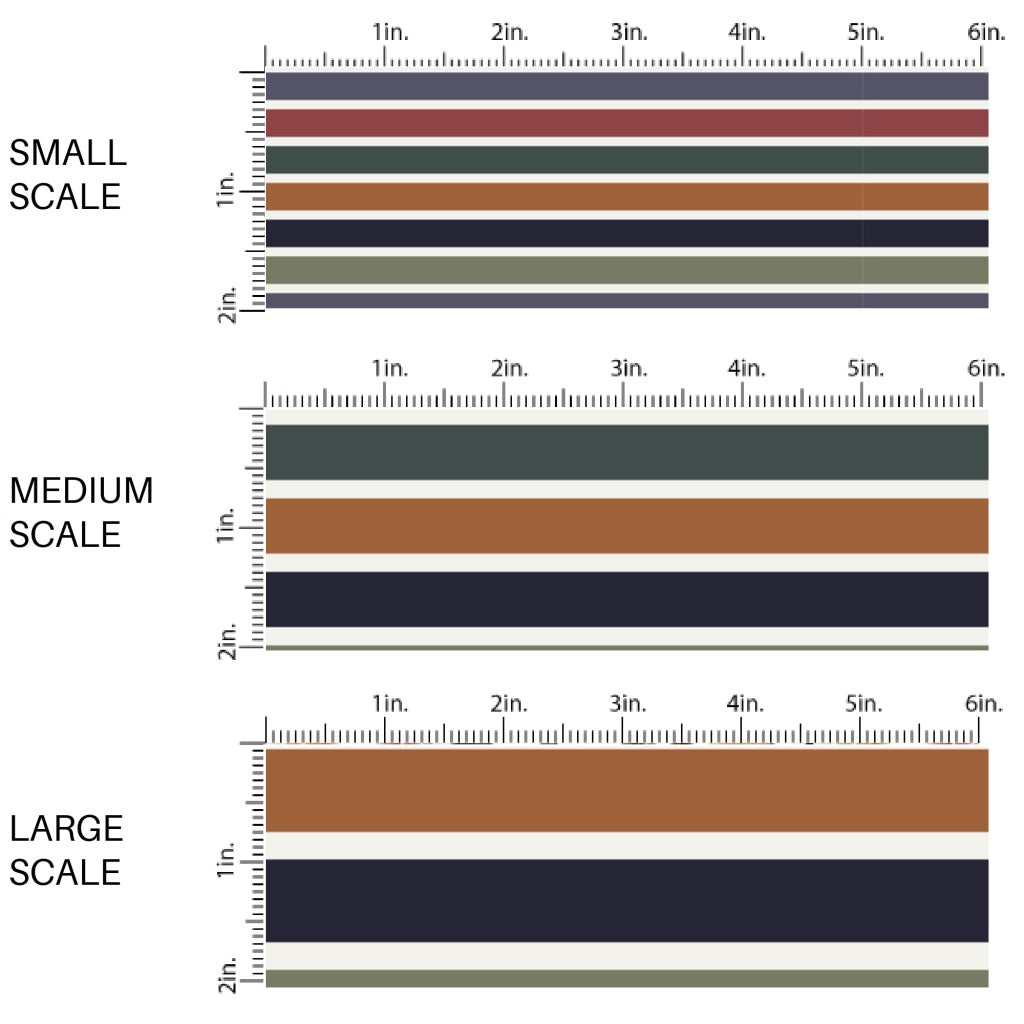 This scale chart of small scale, medium scale, and large scale of these fall themed pattern fabric by the yard features the following design elements: multi color autumn stripes. This fun themed fabric can be used for all your sewing and crafting needs!