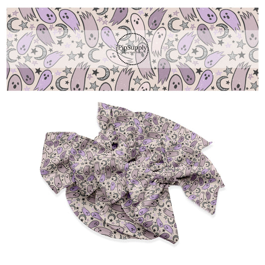Purple multi ghost, moons, and stars on gray hair bow strips