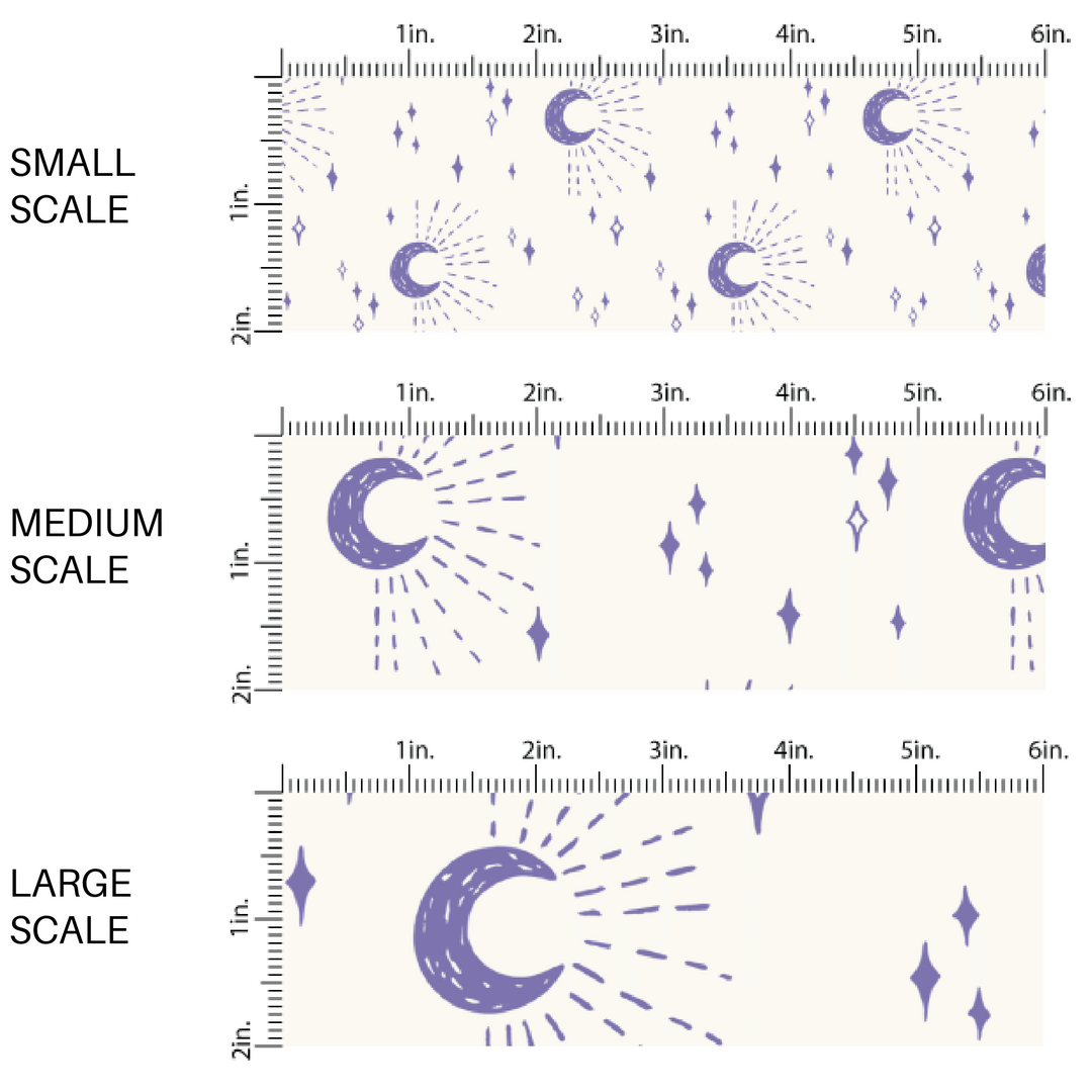 This scale chart of small scale, medium scale, and large scale of these moon themed light cream fabric by the yard features purple crescent moons surrounded by moonlight beams and small stars on ivory. This fun themed fabric can be used for all your sewing and crafting needs! 