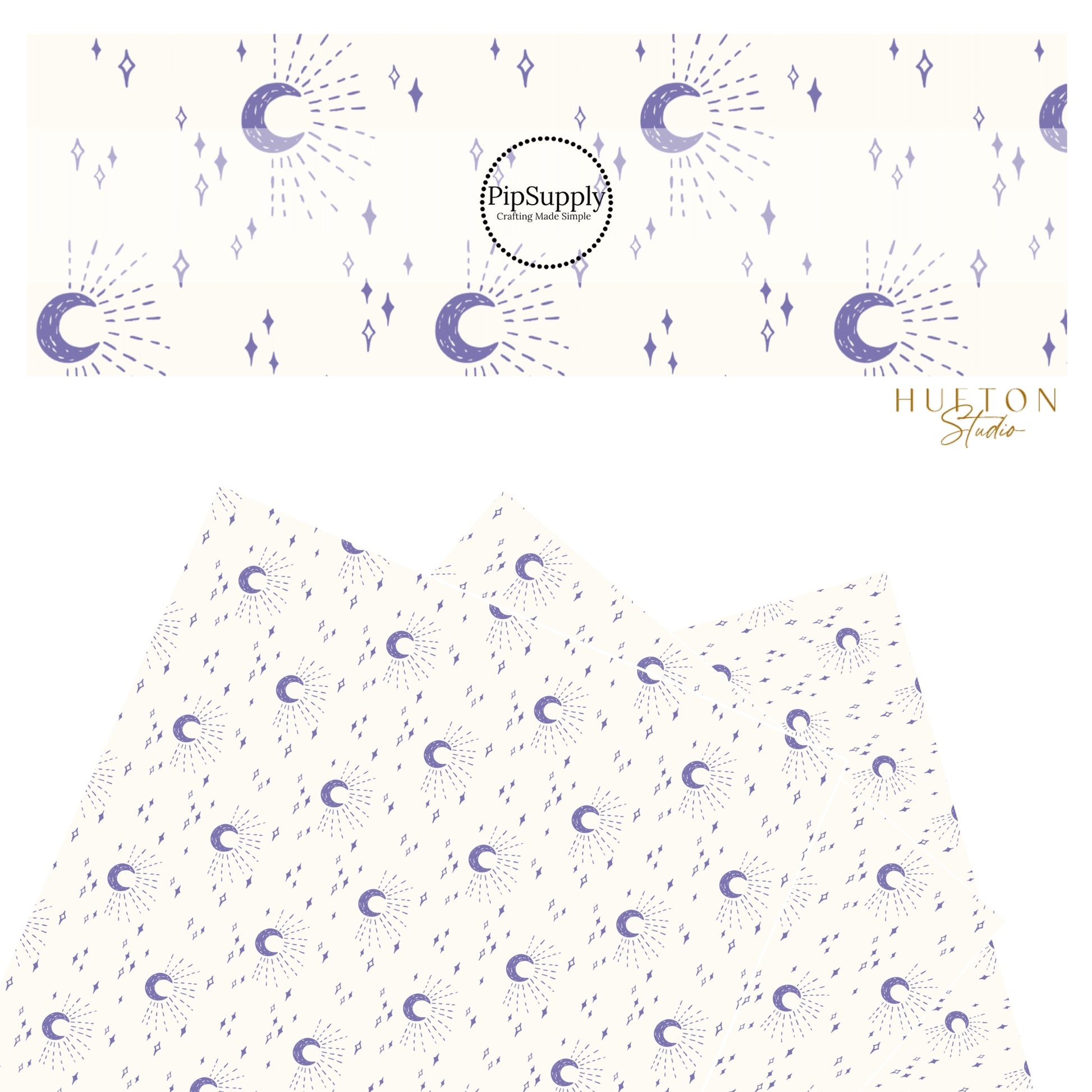 These moon themed light cream faux leather sheets contain the following design elements: purple crescent moons surrounded by moonlight beams and small stars on ivory.  Our CPSIA compliant faux leather sheets or rolls can be used for all types of crafting projects. 