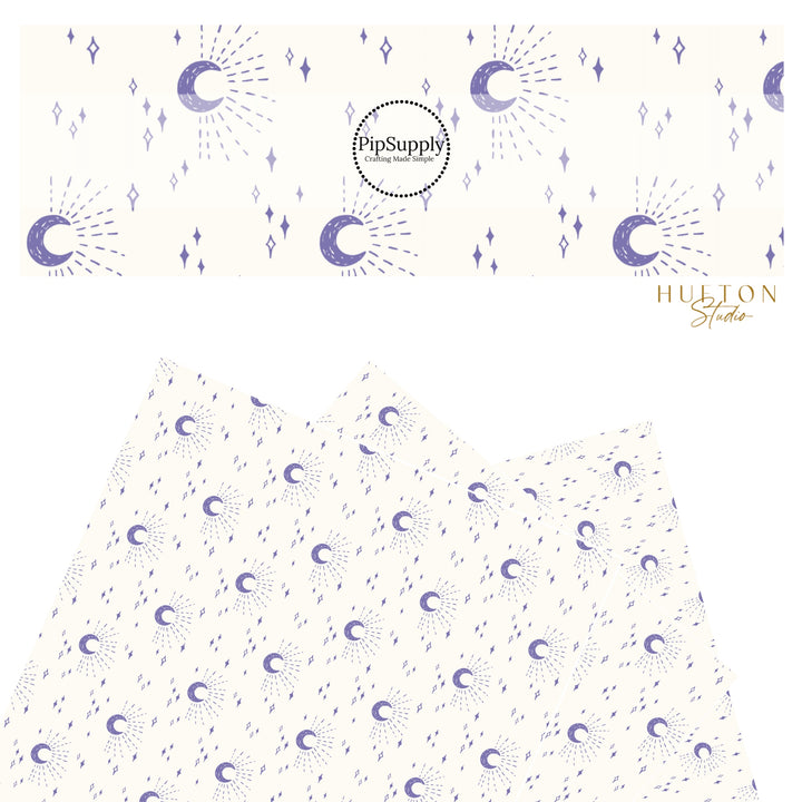 These moon themed light cream faux leather sheets contain the following design elements: purple crescent moons surrounded by moonlight beams and small stars on ivory.  Our CPSIA compliant faux leather sheets or rolls can be used for all types of crafting projects. 