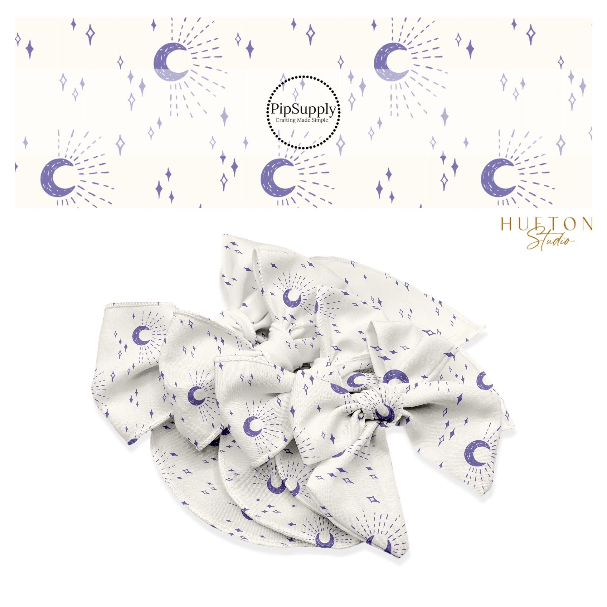 These moon themed light cream no sew bow strips can be easily tied and attached to a clip for a finished hair bow. These fun bow strips are great for personal use or to sell. These bow strips features purple crescent moons surrounded by moonlight beams and small stars on ivory.