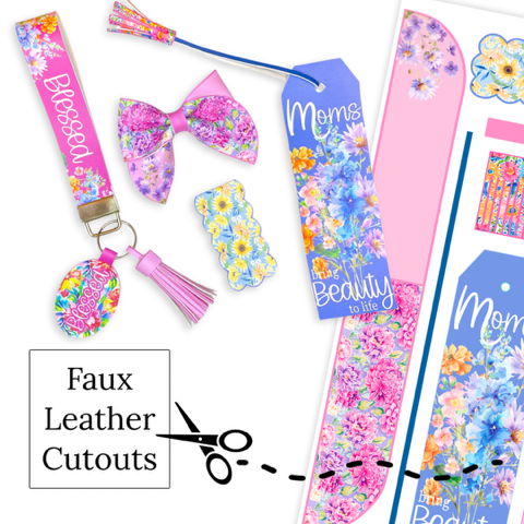 These Mother's Day floral themed faux leather bow cutouts are ready to cut and assemble for many craft projects. These patterned cutouts can be used to make a hair bow, headband, banner, photo props, scrapbook, party or classroom decorations, bulletin board trim or anything creative! You will receive one faux leather sheet with varying quantities of cutouts based on your selections. 