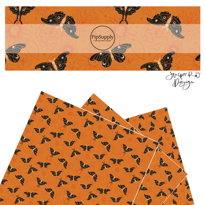 Black celestial moths on floral orange faux leather sheets