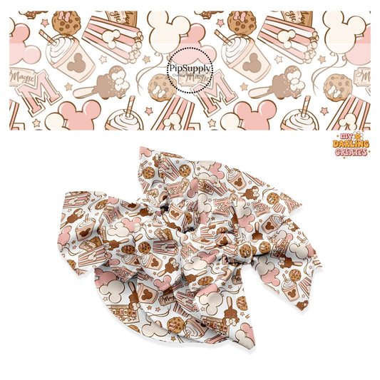 Pink and brown mouse park snacks hair bow strips
