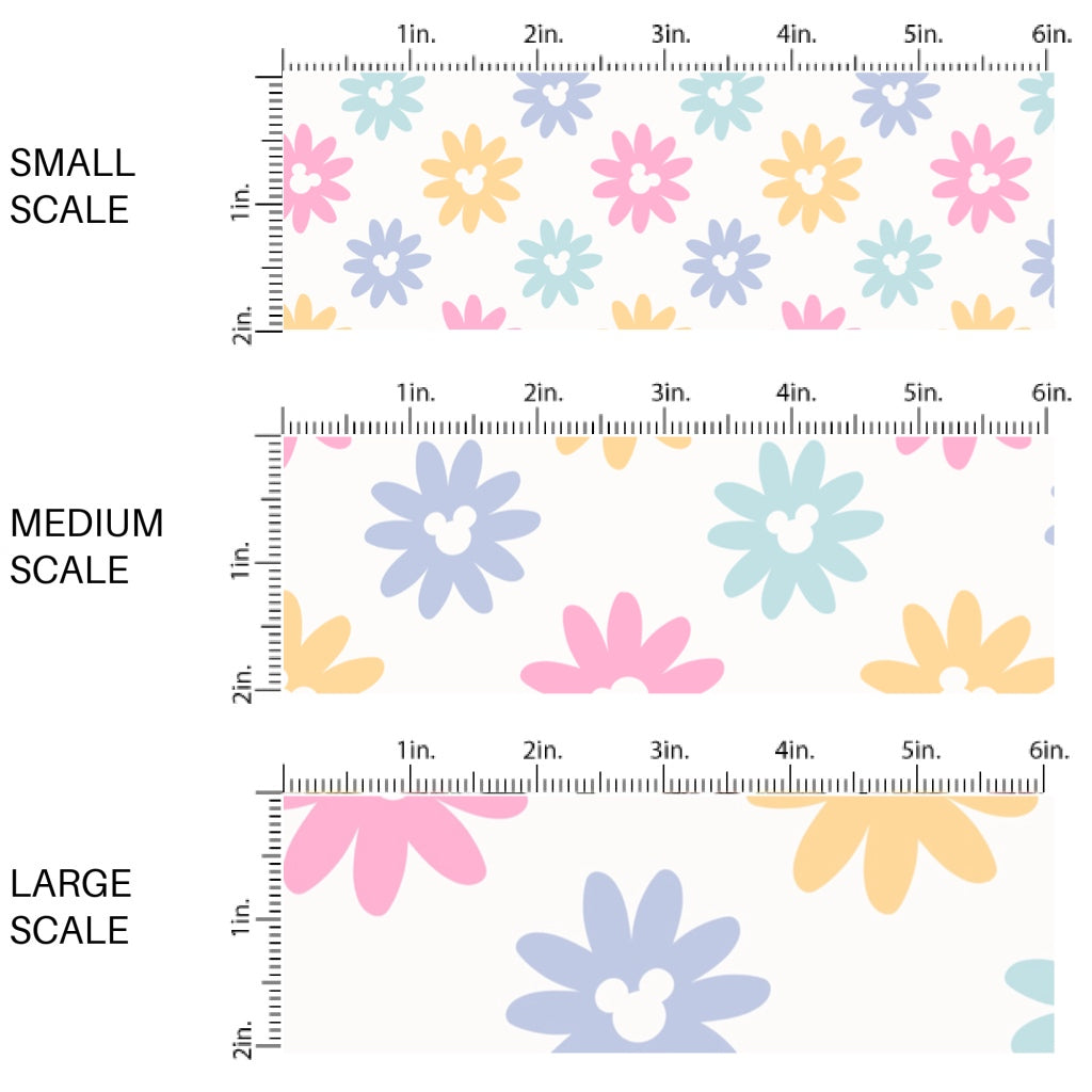 This scale chart of small scale, medium scale, and large scale of this magical inspired fabric by the yard features the following design: multi colored daisies with mouse ears on cream. This fun themed fabric can be used for all your sewing and crafting needs!