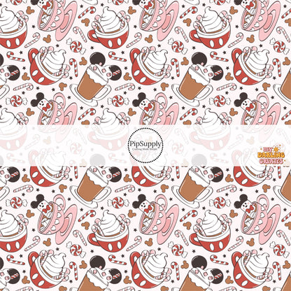 Scattered mouse hot chocolate with candy on cream hair bow strips