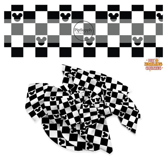 Black mouse silhouettes on black and white checkered hair bow strips