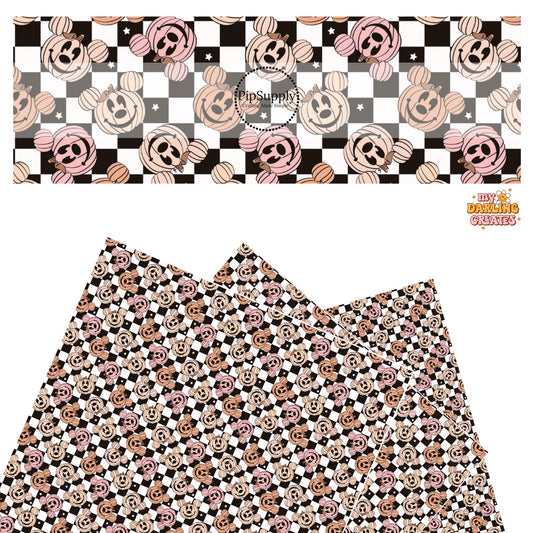 Multi pumpkins with mouse ears on starry black and white checkered faux leather sheets