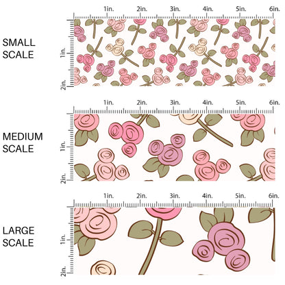 This scale chart of small scale, medium scale, and large scale of this magical inspired fabric by the yard features the following design: dusty pink and cream mouse ears roses. This fun themed fabric can be used for all your sewing and crafting needs!