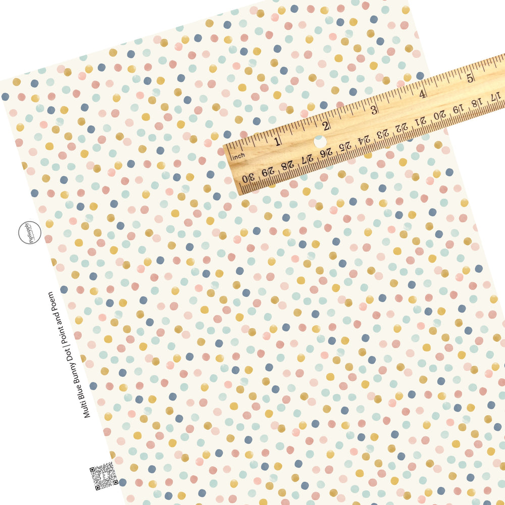 These spring pattern themed faux leather sheets contain the following design elements: multi colored blue dots. Our CPSIA compliant faux leather sheets or rolls can be used for all types of crafting projects.