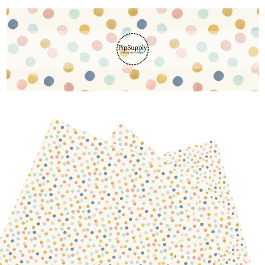 These spring pattern themed faux leather sheets contain the following design elements: multi colored blue dots. Our CPSIA compliant faux leather sheets or rolls can be used for all types of crafting projects.