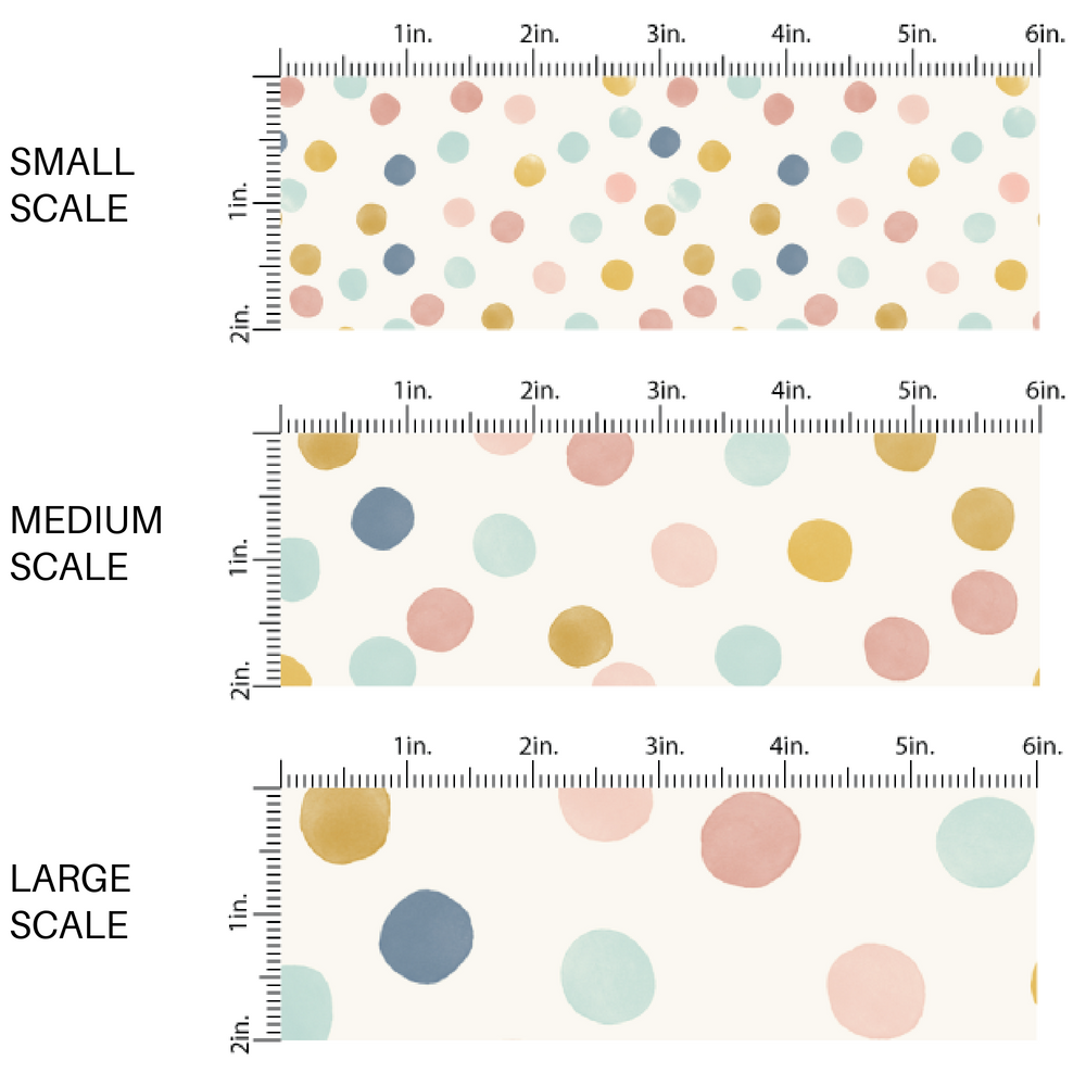 Yellow, Pink, and Blue Dots on Cream Fabric by the Yard scaled image guide.