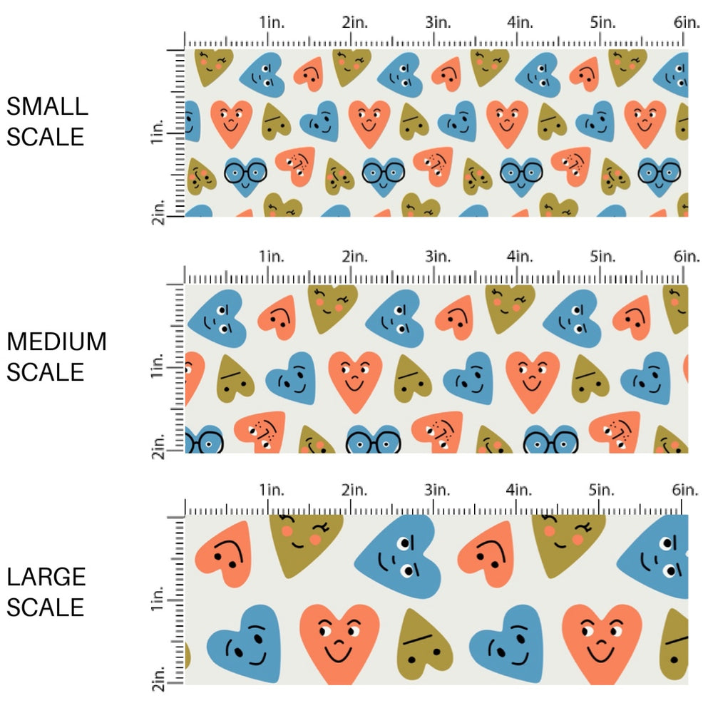 This holiday fabric by the yard features blue, orange, and green smiley hearts. This festive pattern fabric can be used for all your sewing and crafting needs!