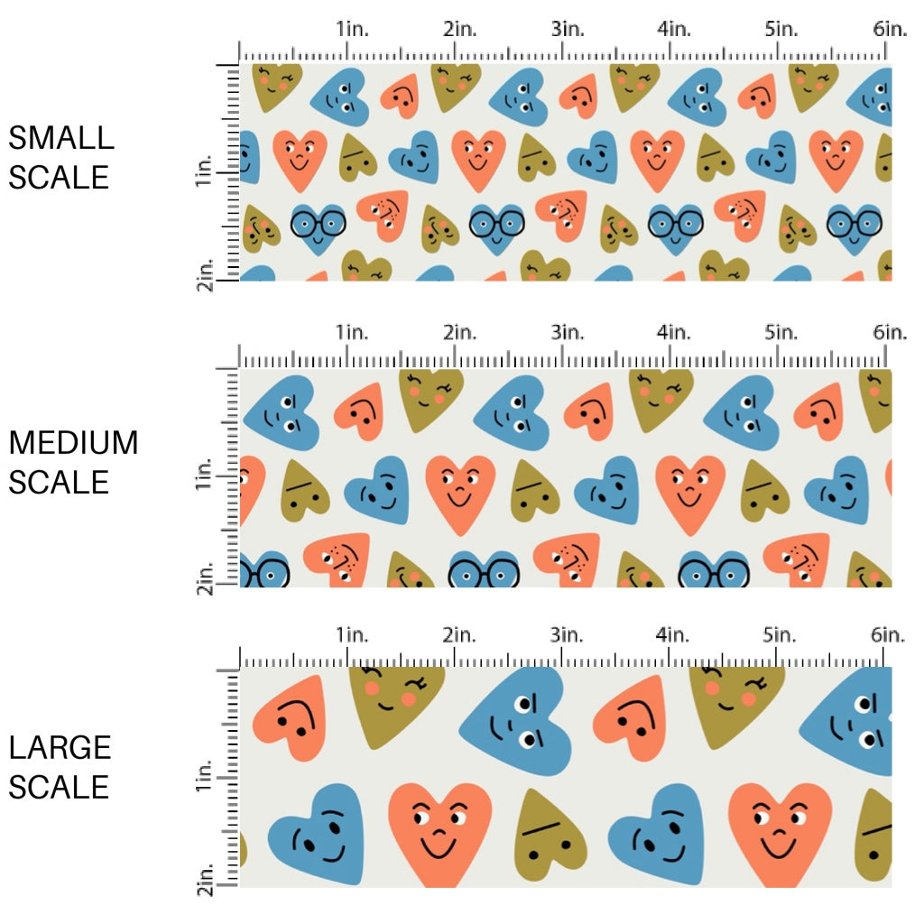 This holiday fabric by the yard features blue, orange, and green smiley hearts. This festive pattern fabric can be used for all your sewing and crafting needs!