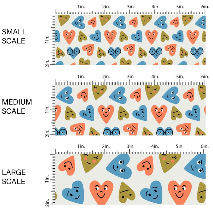 This holiday fabric by the yard features blue, orange, and green smiley hearts. This festive pattern fabric can be used for all your sewing and crafting needs!