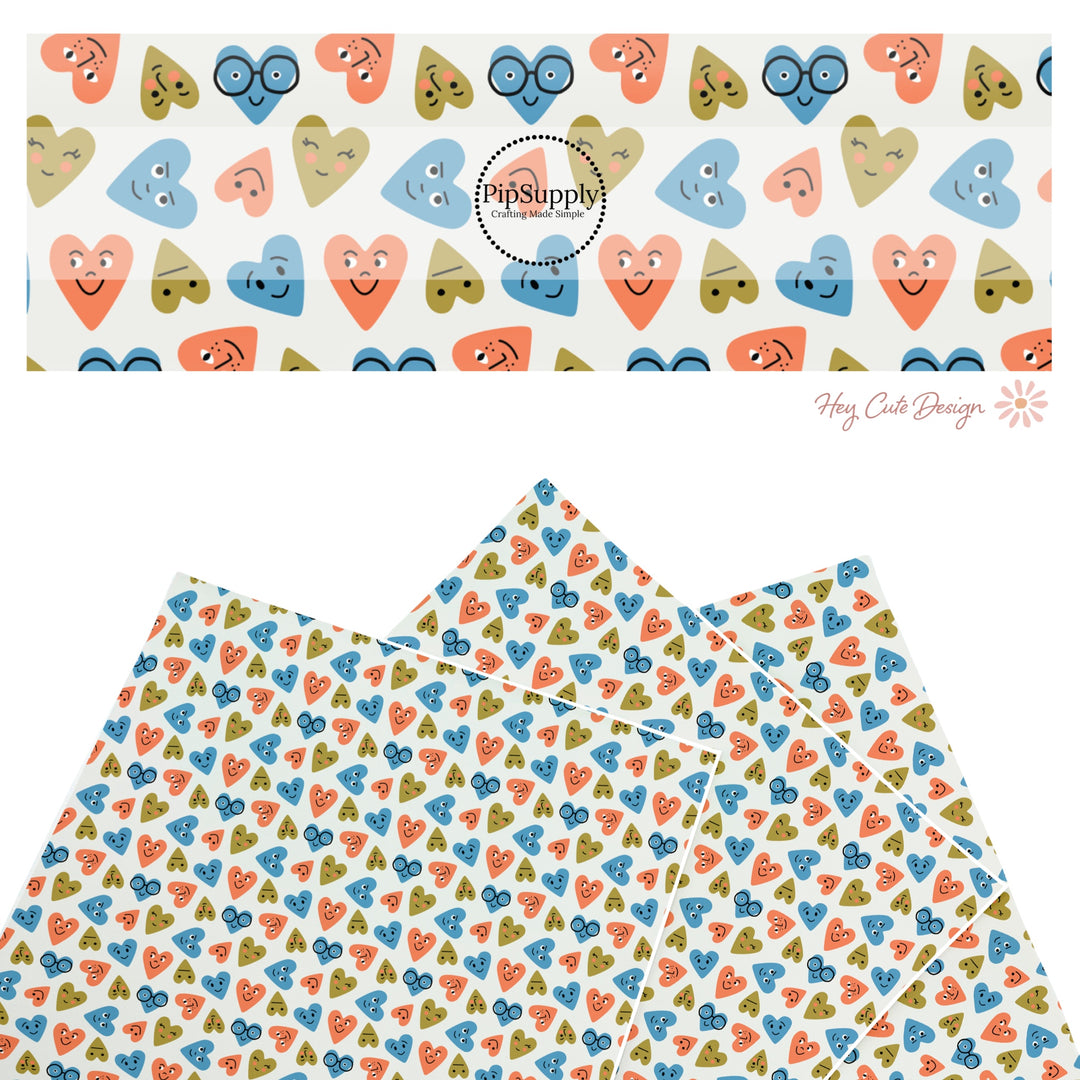 These holiday faux leather sheets contain the following design elements: blue, orange, and green smiley hearts. Our CPSIA compliant faux leather sheets or rolls can be used for all types of crafting projects.