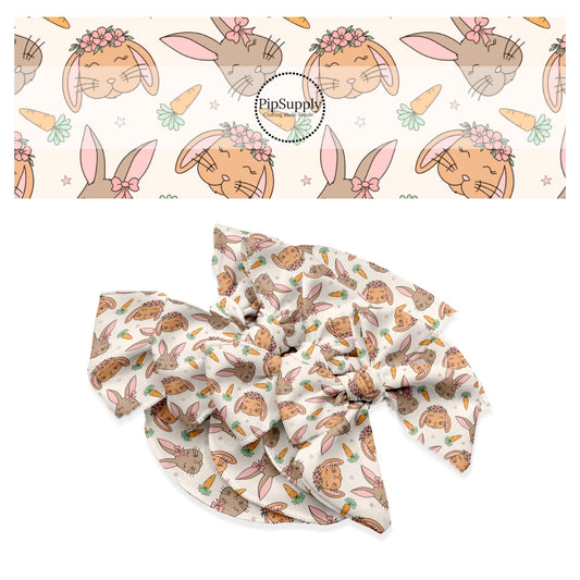 These spring pattern themed no sew bow strips can be easily tied and attached to a clip for a finished hair bow. These patterned bow strips are great for personal use or to sell. These bow strips features multi-colored bunnies surrounded by carrots and tiny stars on cream. 