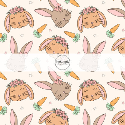 These spring patterned headband kits are easy to assemble and come with everything you need to make your own knotted headband. These kits include a custom printed and sewn fabric strip and a coordinating velvet headband. This cute pattern features multi-colored bunnies surrounded by carrots and tiny stars on cream.